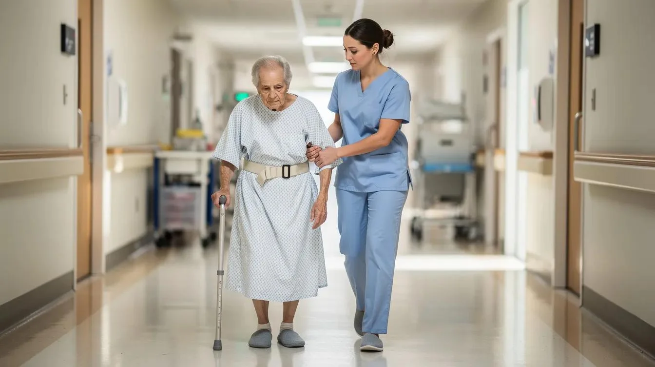 A nurse in scrubs sitting and talking with an elderly woman