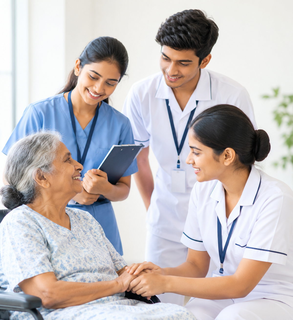 A caregiver holding the hands of a smiling elderly woman in her living room